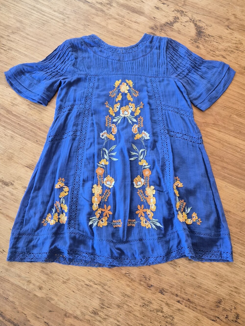 Free People Blue Floral Embroidered Baby Doll Dress